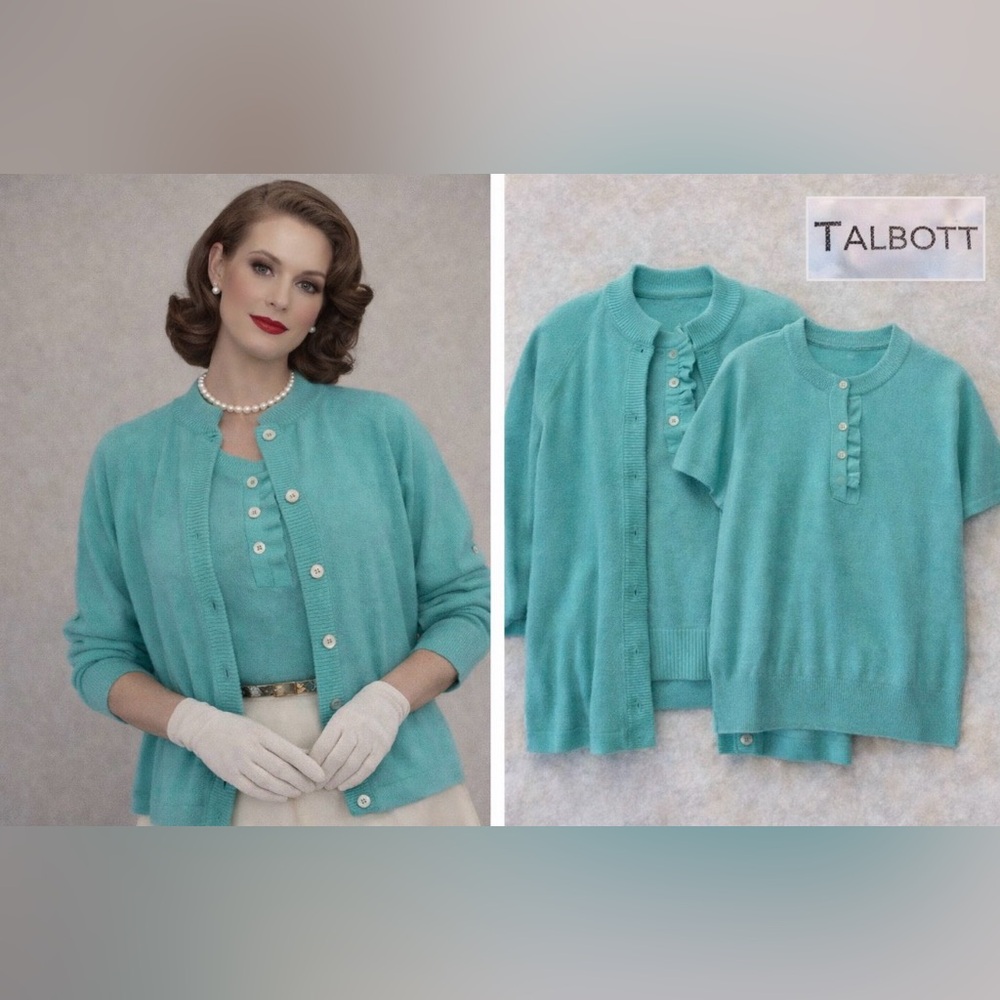 * Vintage 1960’s- Talbots- aqua green blue Cardigan & Shell set